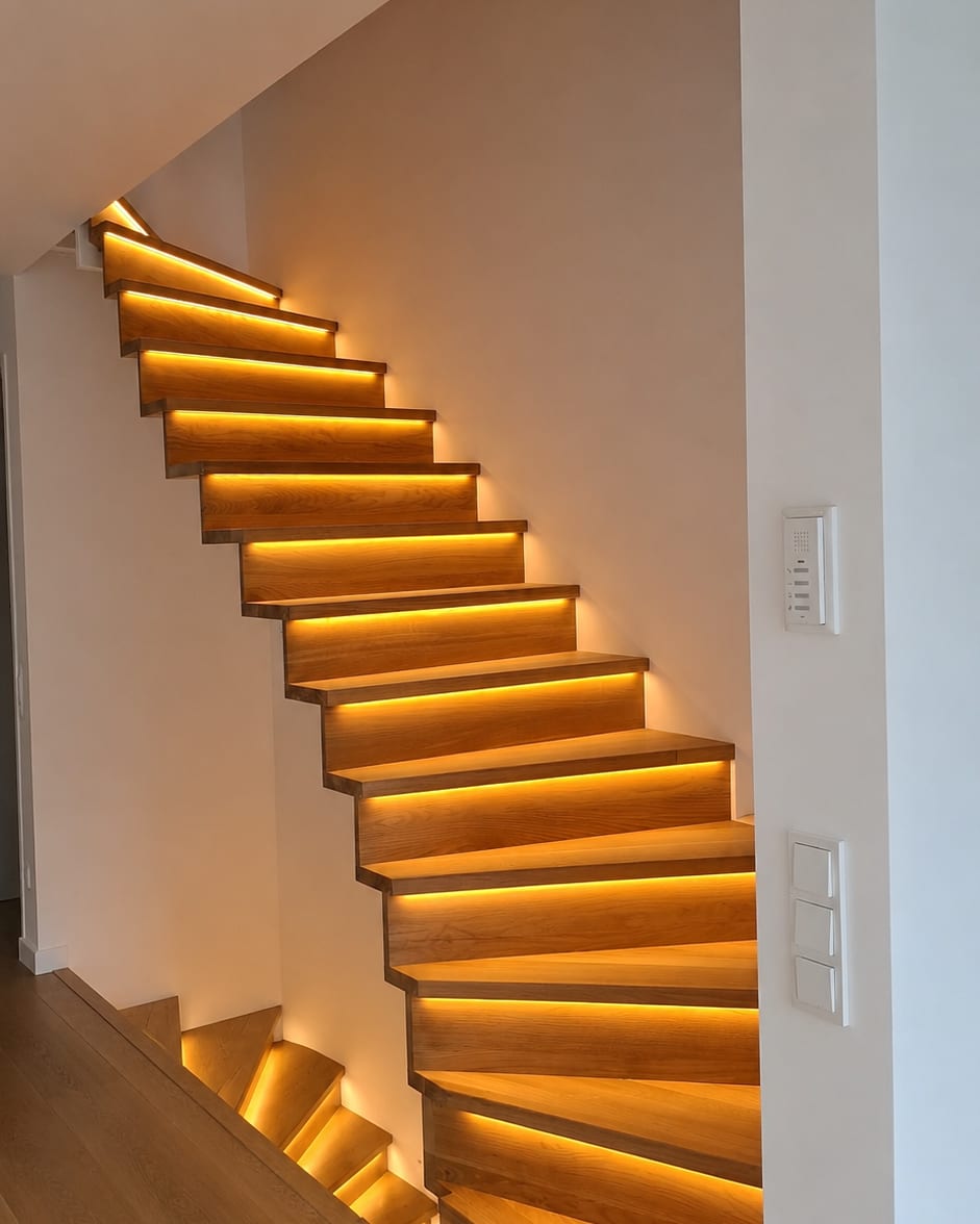 Treppe aus Eichenholz mit indirekter LED-Beleuchtung unter jeder Stufe, an der Wand daneben Lichtschalter und Sprechanlage