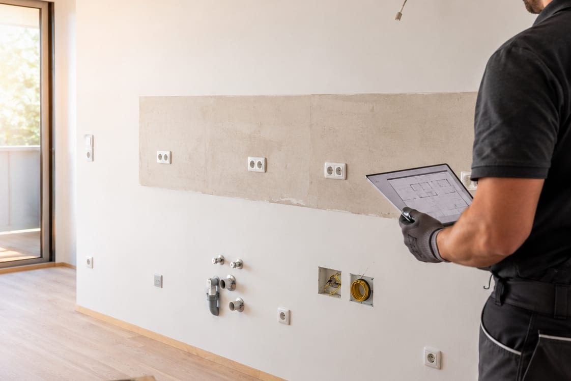 Küchenwand vor der Montage mit gesetzten Steckdosen, offenen Anschlussdosen und vorbereiteten Wasseranschlüssen